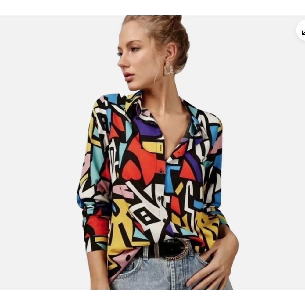 Big Dart Abstract Pop Art Shirt Womens EU40 Geometric Hearts Viscose Mod - Picture 6 of 6